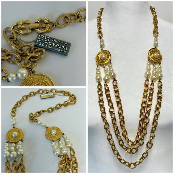 Rare Vintage Givenchy Gold-Tone and Faux Pearl Multi-Strand Necklace - Picture 1 of 8